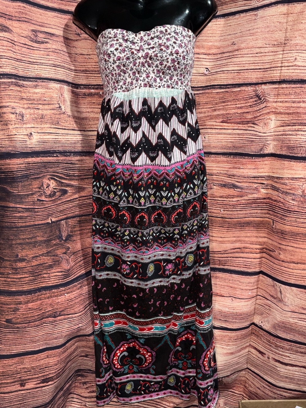 Vintage Billabong Strapless Maxi Dress in Black, White, Pink and Teal